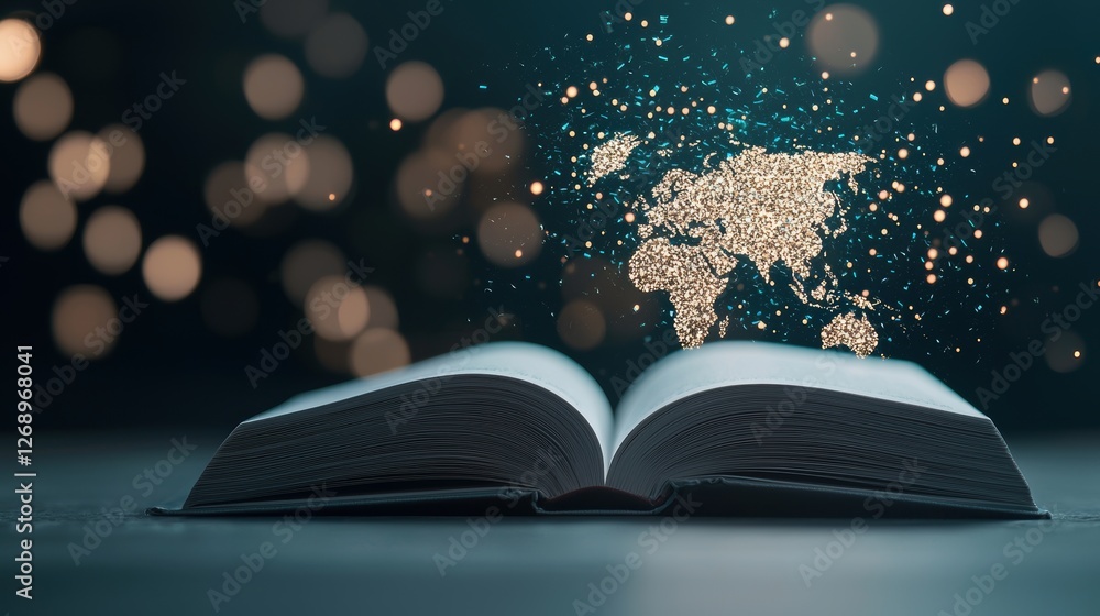 Poster open book with pages turning and a holographic world map projection emerging from the pages, symboli