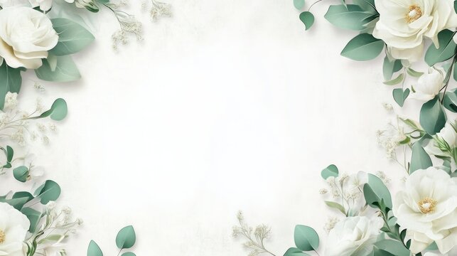 Elegant white flowers and greenery frame, blank space background