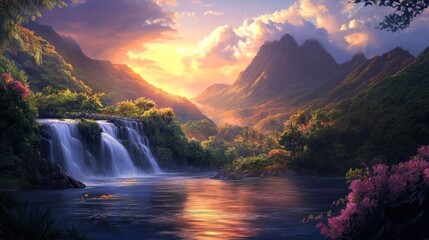Fototapeta premium Serene twilight scene, Cascading waterfall amidst tropical lush greenery