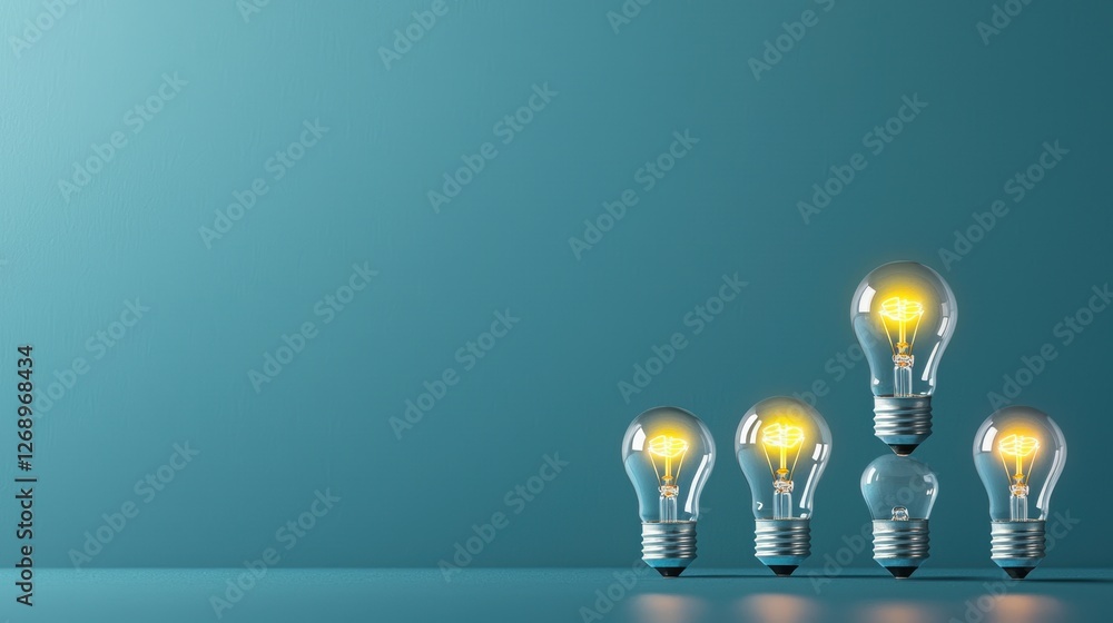 Poster a row of light bulbs progressively illuminating, representing the stages of a thought process, from 