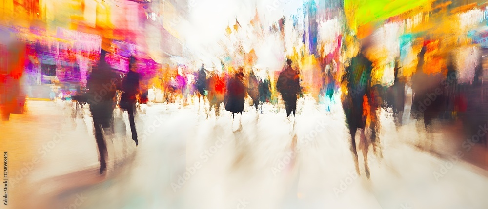 Poster Vibrant cityscape bustling with fast paced urban movement as a crowd of anonymous figures move through the streets amidst a kaleidoscope of colorful lights and blurred architecture  A dynamic