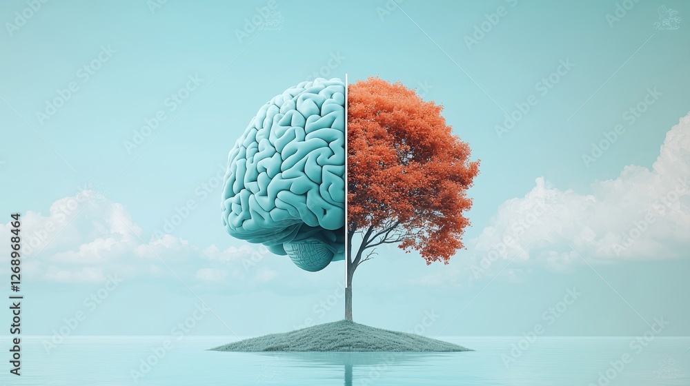 Poster a brain split in half, with one side showcasing logical, analytical thinking and the other depicting