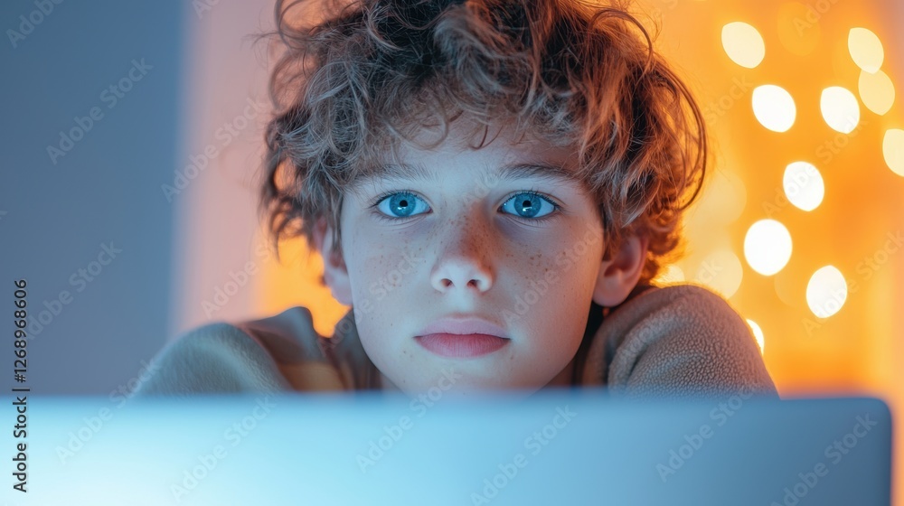 Poster a student intently focused on a computer screen, participating in an online class and embracing the 