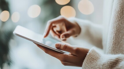 Minimalistic image of a hand scrolling on a tablet with a glowing screen and soft reflections