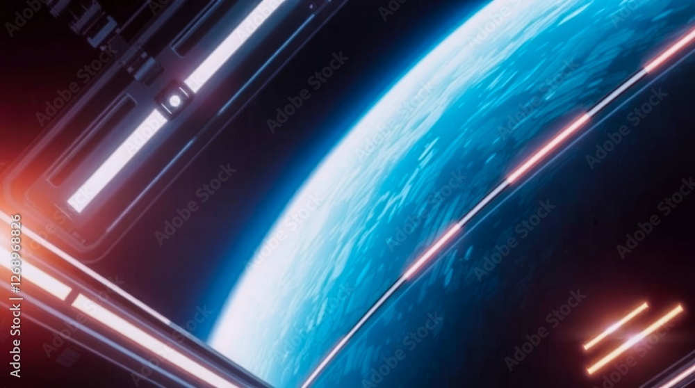 Poster a space shot of a blue planet with a bright orange line running through it. the image has a futurist