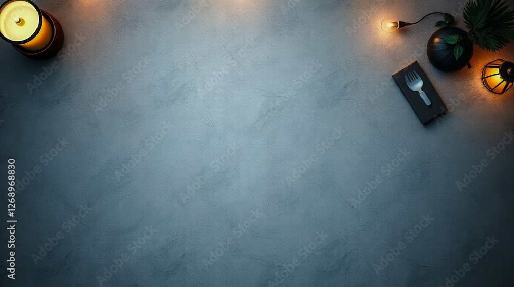 Poster a candle and a fork are on a table. the candle is lit and the fork is on top of a box. the image has