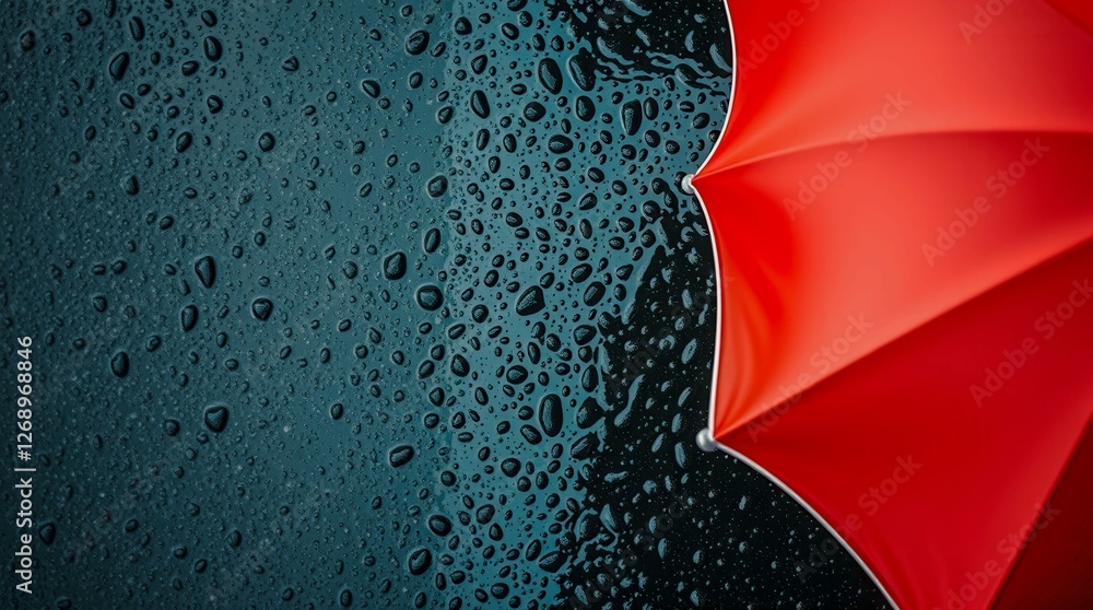 Poster a red umbrella is shown with raindrops on it. the umbrella is open and the raindrops are falling on 