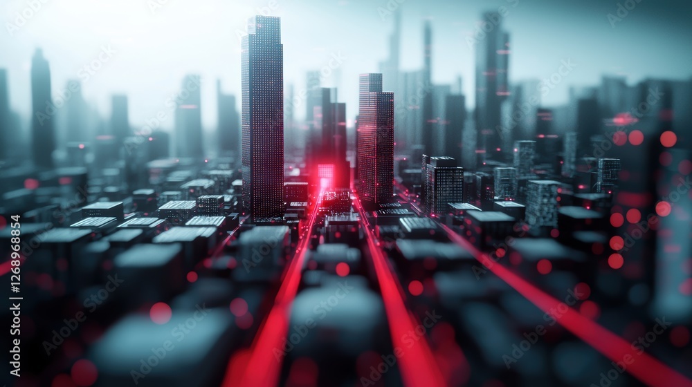 Poster a network of interconnected nodes and data streams flowing across a futuristic cityscape, representi