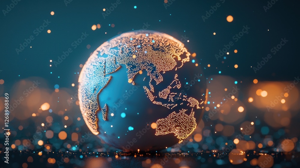 Poster a holographic projection of a globe with data points and infographics, showcasing the use of technol