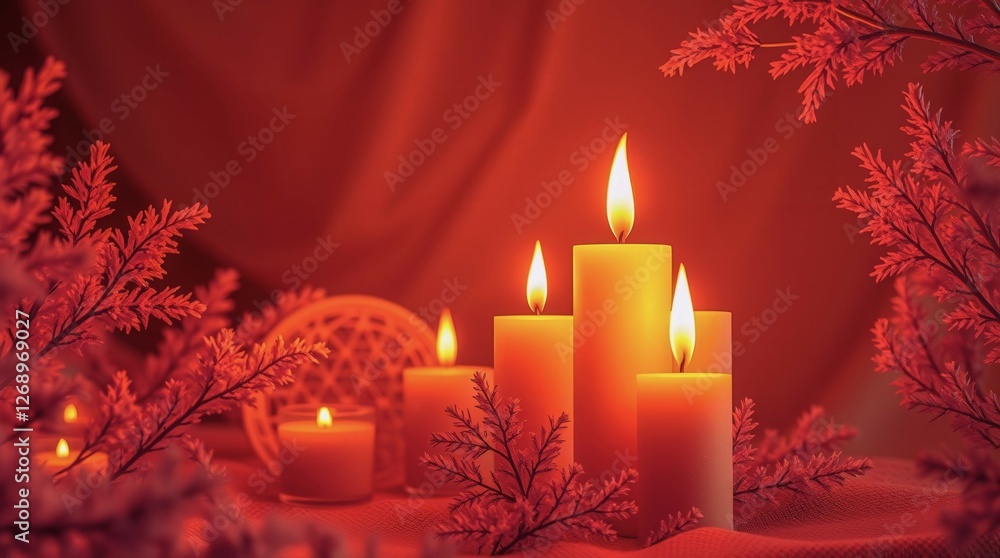 Poster a group of candles are lit on a red background. the candles are arranged in a row, with some of them