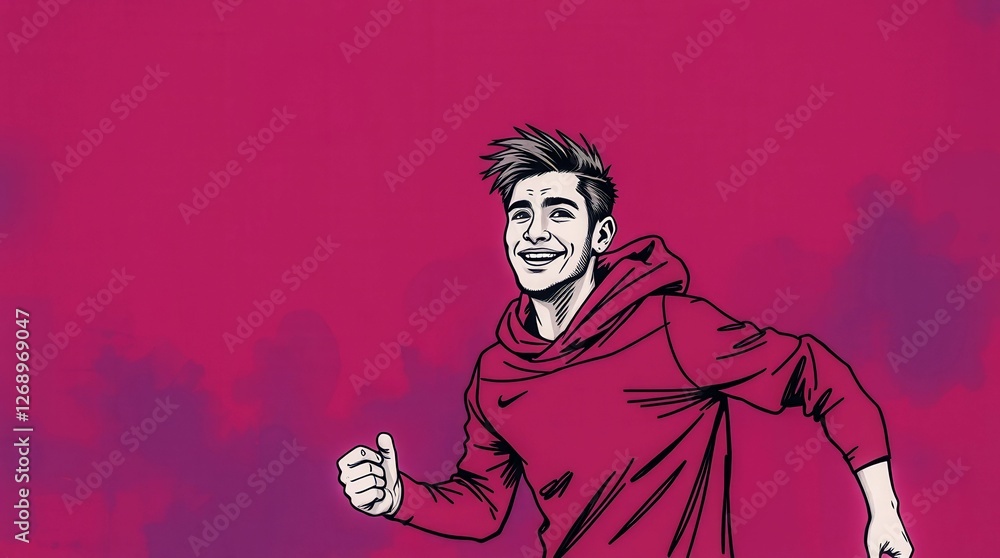 Poster a man in a red hoodie is running on a pink background. the man is smiling and he is enjoying himself