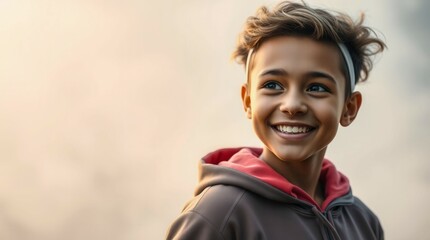 A young boy with a red and black hoodie is smiling. He has a red bandana on his head