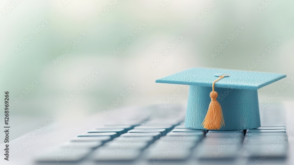 Poster a graduation cap resting on top of a computer keyboard, symbolizing the successful completion of an 