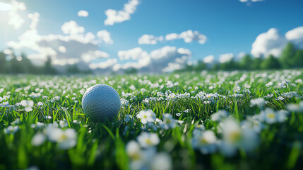 A golf ball on a tee surrounded by green grass and spring scenery under a clear blue sky at course season opening summer vacation 