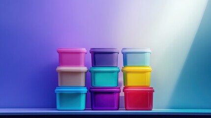 A stack of plastic containers in various colors