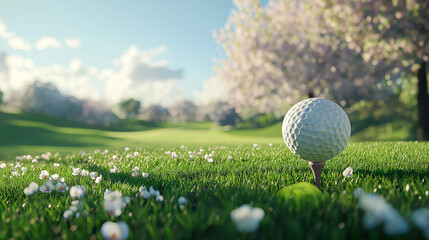 A golf ball on a tee surrounded by green grass and spring scenery under a clear blue sky at course season opening summer vacation 