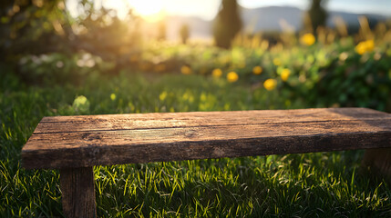 Fototapeta premium Rustic Wooden Bench on Green Grass in Sunlit Garden with Blurred Background