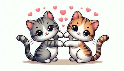 Fototapeta premium Adorable Cartoon Kittens Holding Paws with Heart Background 