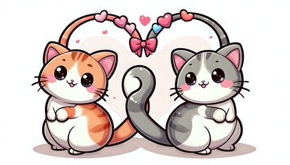 Obraz premium Adorable Cartoon Kittens Holding Paws with Heart Background 