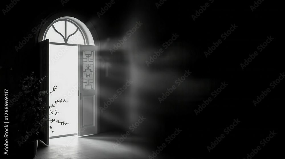 Poster a window with a door open to the outside. the light coming in through the window is shining on the d