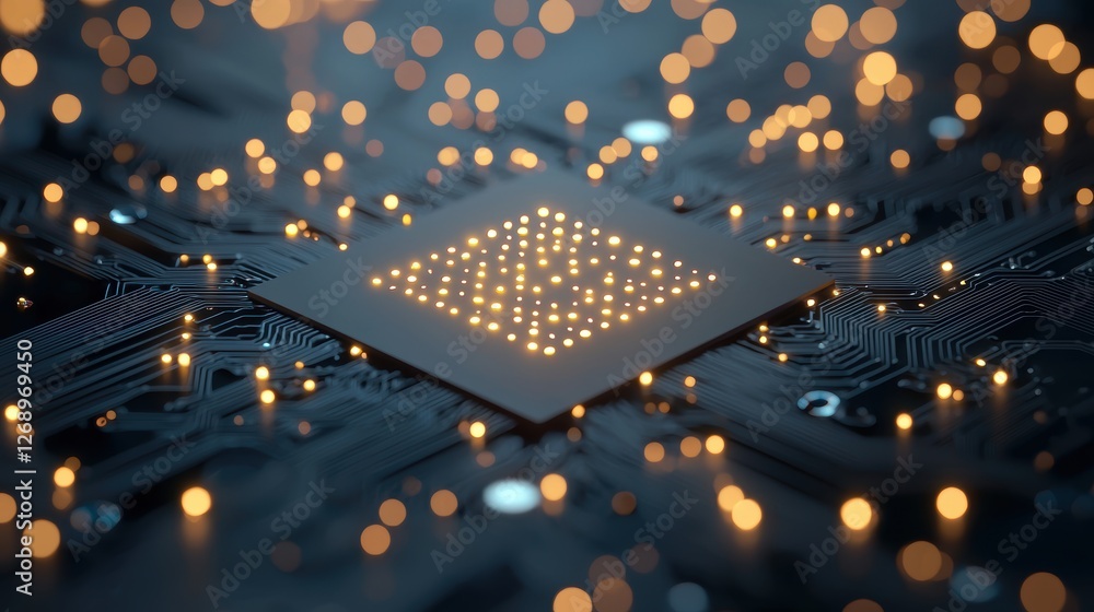 Poster a stylized depiction of a quantum processor chip with intricate circuitry and glowing quantum bits, 