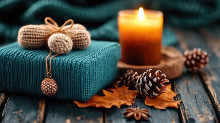 Cozy autumn gift, candlelight, wooden table