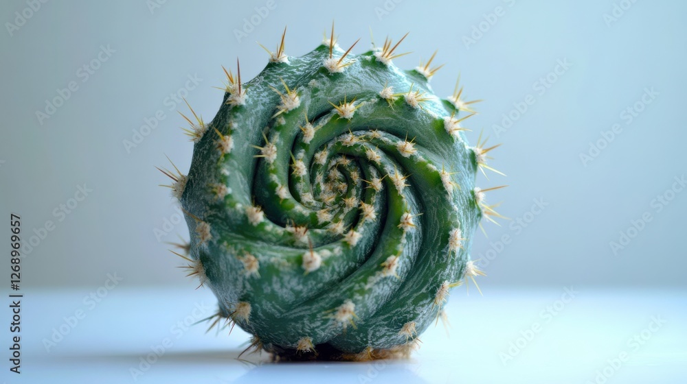 Poster spiral green cactus with sharp spines and unique shape on white background