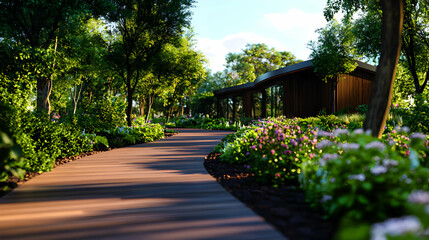 Obraz premium Scenic Garden Pathway with Lush Greenery and Modern Architecture in Tranquil Setting