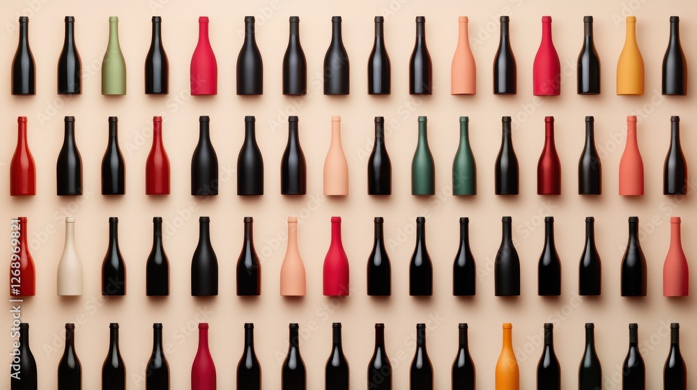 Poster perfectly aligned rows of wine bottles on display in a wine shop, organized by region and grape vari