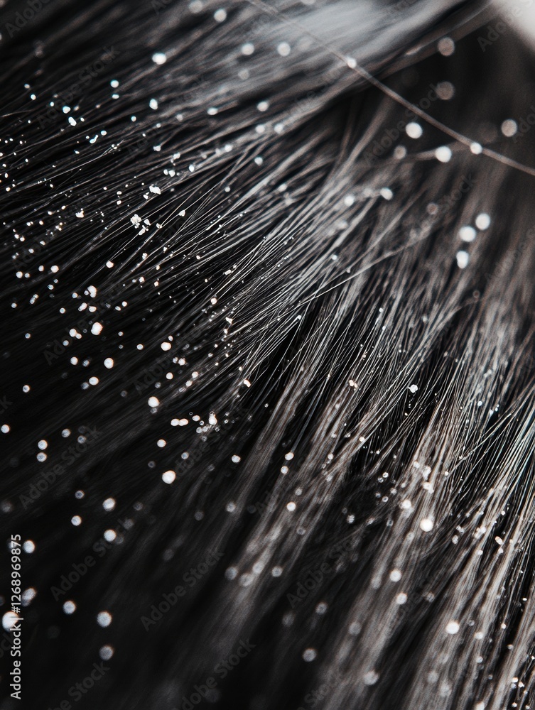 Poster close up view of dandruff flakes on dark hair strands showcasing scalp condition and hair health con