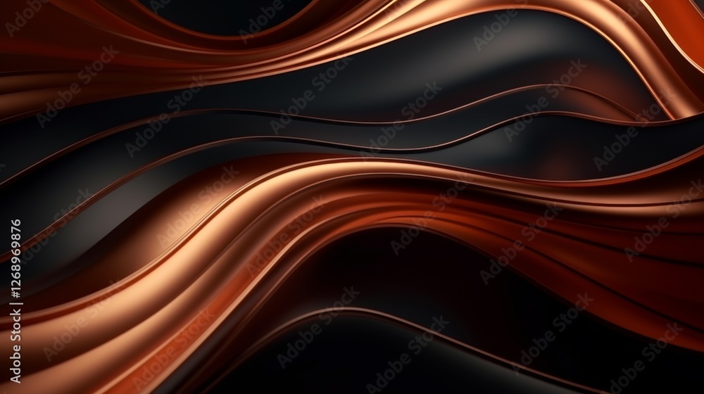 Poster futuristic abstract wavy pattern in copper tones with glowing highlights and intricate textures