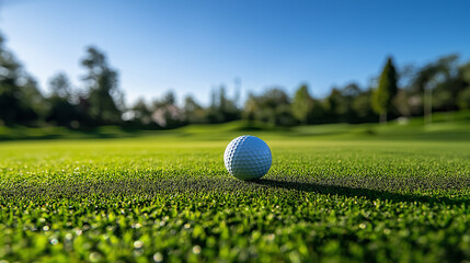 A golf ball on a tee surrounded by green grass and spring scenery under a clear blue sky at course season opening summer vacation 