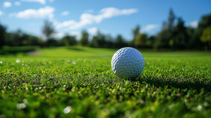 A golf ball on a tee surrounded by green grass and spring scenery under a clear blue sky at course season opening summer vacation 