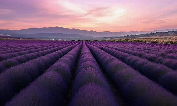 A serene lavender field at sunset, showcasing vibrant purple rows against a picturesque landscape.