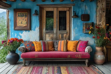Photo sur Plexiglas Rustic Porch Sofa with Colorful Cushions and Decor