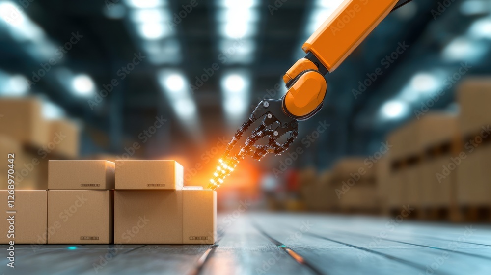Poster a robotic arm in a warehouse efficiently sorts and stacks packages, demonstrating the increasing aut