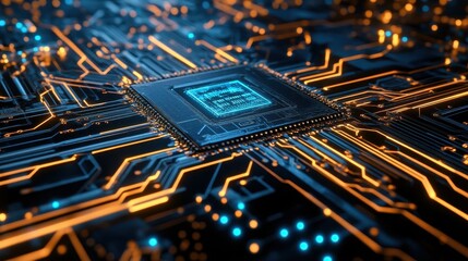 A close-up view of a microchip on a circuit board, intricate gold traces, glowing blue connections, futuristic tech aesthetic 