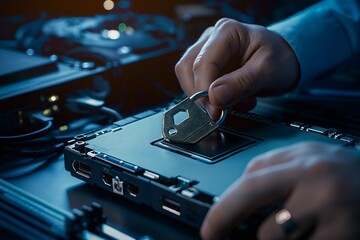 Person Securing a Hard Drive with a Padlock in a High-Tech Environment, Emphasizing Cybersecurity and Data Protection Details