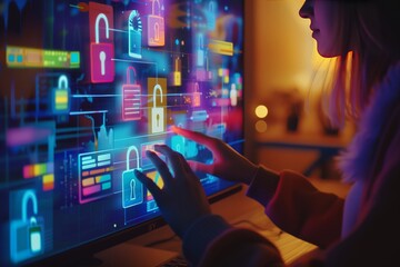 Person Engaging with Computer Screen Displaying Security Icons and Colorful Lock Graphics in a Modern Tech Environment