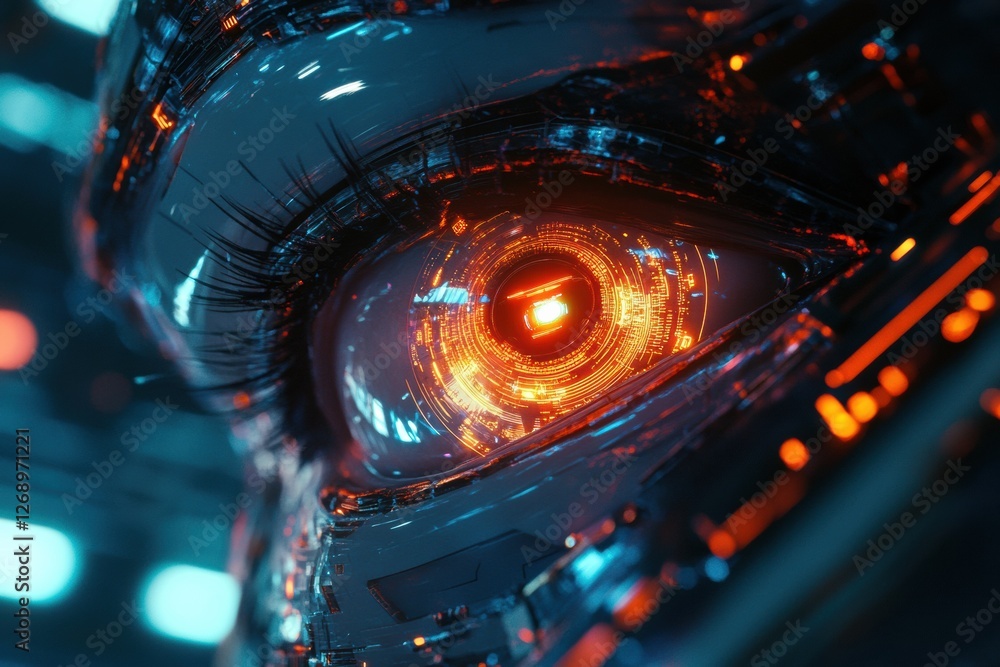 Poster close up view of a glowing robotic eye surrounded by intricate futuristic circuits and technology at
