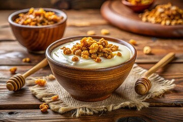 Fototapeta premium Healthy Yogurt with Granola and Honeycomb - Rustic Wooden Background