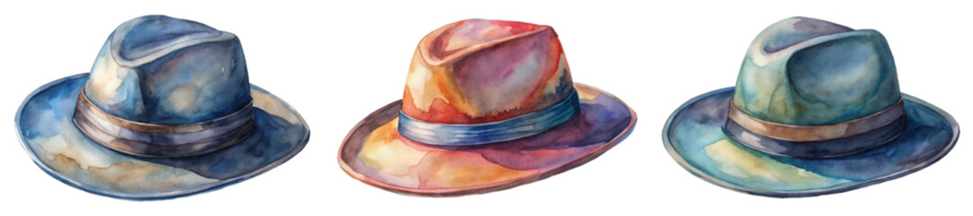 Watercolor hats, artistic illustration, colorful design, vintage style, fashion accessories, creative artwork.
