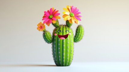 Cute Cactus with Colorful Flowers and Happy Face Cartoon Style