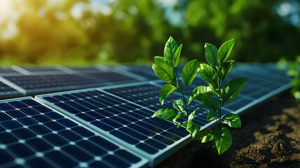 Fototapeta premium Solar Panels with Sprout Plants Representing Renewable Energy Source Under Sunny Sky