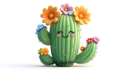 Cute Cartoon Cactus with Colorful Flowers and Happy Facial Expression