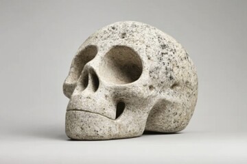 Carved stone skull is displayed against a plain background