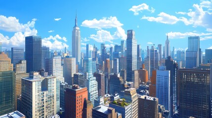 Fototapeta premium A panoramic view of a bustling city skyline, tall buildings stretching into the sky, clear weather, bright and sharp urban details 