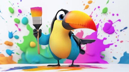 Fototapeta premium Colorful Cartoon Toucan Holding Paintbrush in Artistic Backdrop