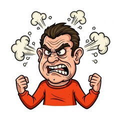Cartoon character with exaggerated angry face steam coming out of ears clenched fists comic-style white background