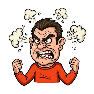 Cartoon character with exaggerated angry face steam coming out of ears clenched fists comic-style white background